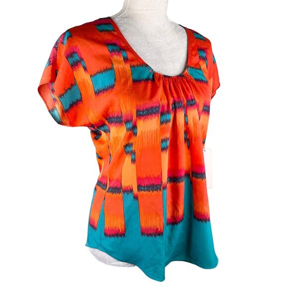 Calvin Klein Firecracker Blouse Small Orange Teal Short Sleeves New - Picture 4 of 12